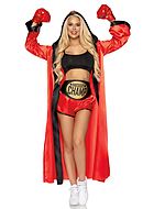Female boxer, top and shorts costume, satin, hood, belt, cape